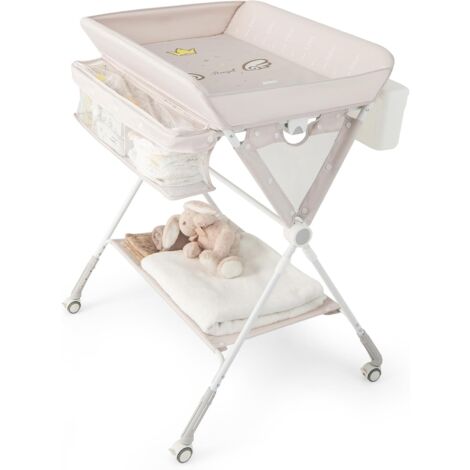 COSTWAY Table à Langer Mobile pour Bébé, Table à Langer Pliable avec Hauteur Réglable sur 3 Niveaux Poubelle Panier de Rangement Etagère Roues Verrouillables, pour Chambre de Bébé (Beige)