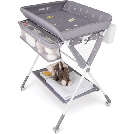 COSTWAY Table à Langer Mobile pour Bébé, Table à Langer Pliable avec Hauteur Réglable sur 3 Niveaux Poubelle Panier de Rangement Etagère Roues Verrouillables, pour Chambre de Bébé (Gris)