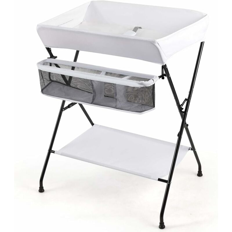 Costway - Table à langer Multifonctions Bébé Pliante 3 en 1 avec Ceinture de Sécurité Grand Panier de Rangement Supporté 11 kg Blanc