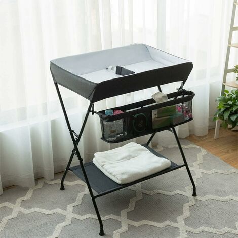 COSTWAY Table à langer Multifonctions Bébé Pliante 3 en 1 avec Ceinture de Sécurité Grand Panier de Rangement Supporté 11 kg Blanc/Gris/Noir