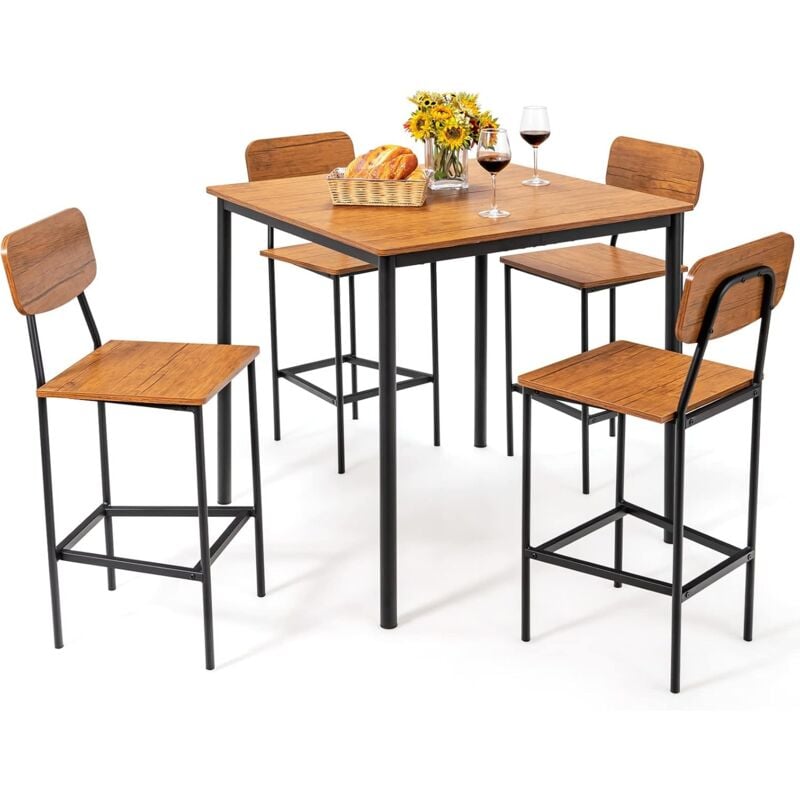 Table a Manger avec 4 Tabourets de Bar Armature Métal Contemporain/Ensemble 5 pcs de Table à Hauteur de Comptoir pour Pub Salon-Montage Facile