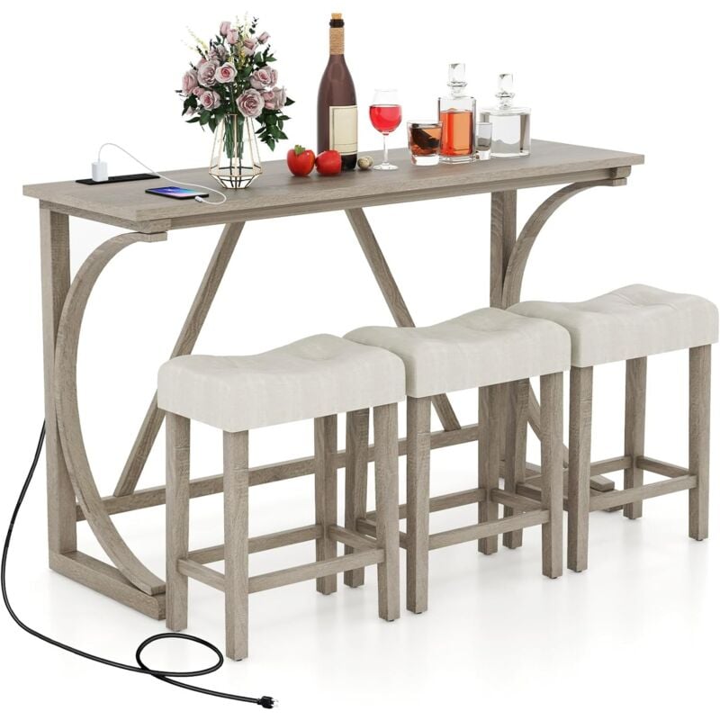 Costway - Table Bar avec Tabouret pour 3 Personnes, Table de Cuisine Bois avec Prise, Repose-Pied, Mange Debout avec Tabouret Rembouré, pour Bar,