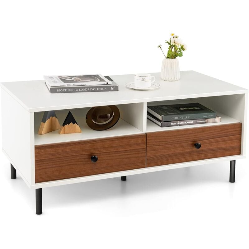COSTWAY Table Basse 2 Tiroirs, Table Basse Salon avec 2 Compartiments, Table Rectangulaire Moderne, 4 Pieds en Métal Robustes, 95 x 48 x 45 cm