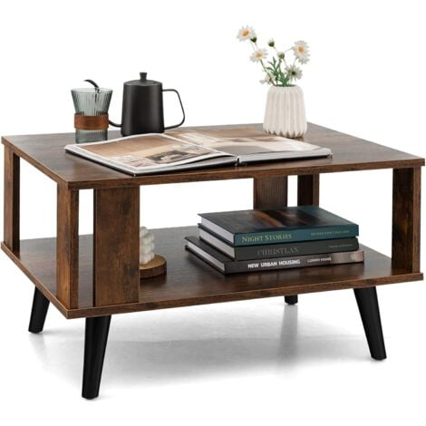 COSTWAY Table Basse à 2 Niveaux, Table d'Appoint Industriel 4 Jambes Patins Antidérapants pour Salon, Chambre, Bureau, 70 x 50 x 41 cm, Marron Rustique