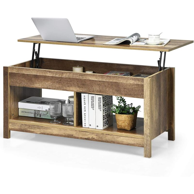 Costway - Table Basse avec Plateau Relevable, avec Espace de Rangement Caché et Etagère Inférieur, 109 x 47,5 x 50-63 cm