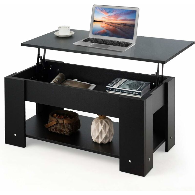 Costway - Table Basse avec Plateau Relevable et 1 Etagère pour Rangement de Style Moderne en Matériau Ecologique (Noir)