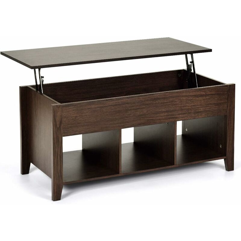 COSTWAY Table Basse avec Plateau Relevable Marron Table de Salon Carré avec Trois Compartiments pour Rangement Design Contemporain
