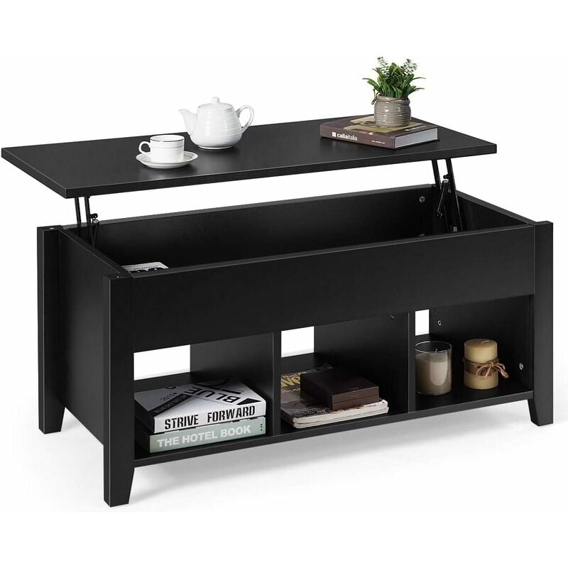 Table Basse avec Plateau Relevable Noir 104,5 x 49,5 x 48,5 cm avec Trois Compartiments Naturel Noir - Costway