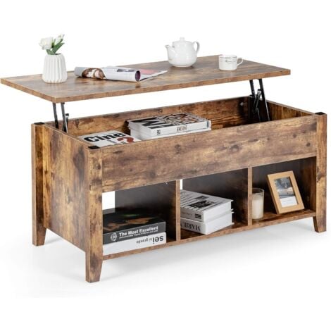 COSTWAY Table Basse avec Plateau Relevable Noir 104,5 x 49,5 x 48,5 CM avec Trois Compartiments Naturel/Noir