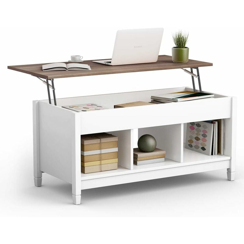 Costway - Table Basse avec Plateau Relevable,3 Compartiments Ouverts pour Rangement Polyvalents pour Salon, Bureau Blanc