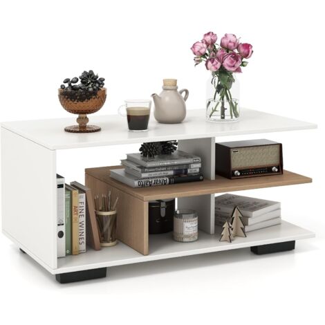COSTWAY Table Basse avec Rangement, Table Basse Salon avec Etagères, Design Géométrique en L, Grand Compartiment, 90 x 50 x 42 cm (Blanc)