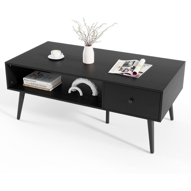 Costway - Table Basse avec Rangement, Table de Salon avec 1 Tiroir, Compartiment Large, 4 Pieds en Métal pour Salon (Noir)