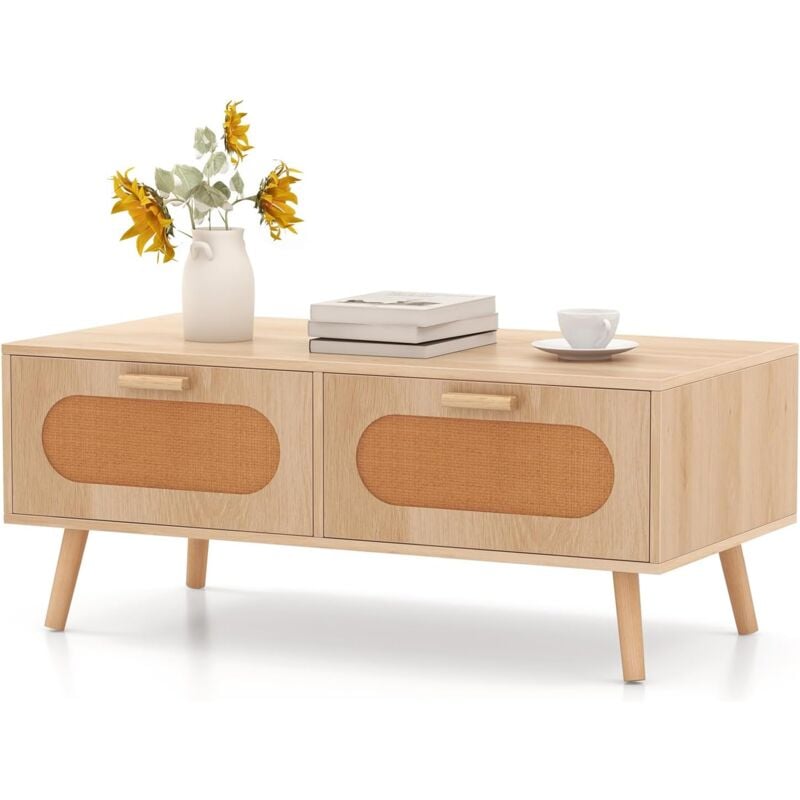 Costway - Table Basse Bois, Table Basse Rotin Cannage avec 2 Tiroirs, Compartiment Arrière, Pieds en Bois Massif, Table Basse Salon Bohème pour