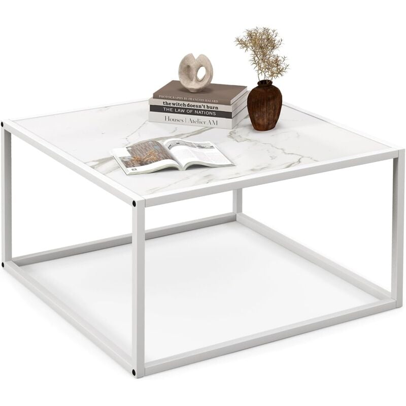 Table Basse Carrée, Table Basse Salon Faux Marbre, Cadre Métal, Facile à Installer, 70 x 70 x 40cm (Blanc) - Costway