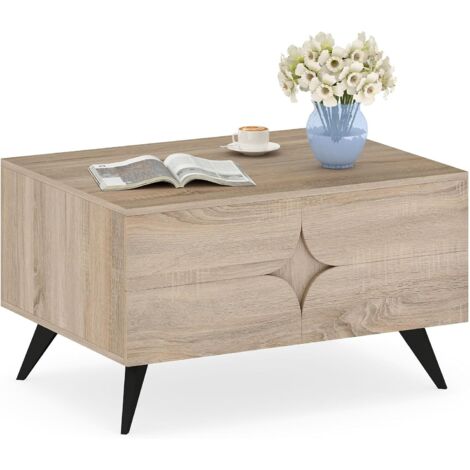 COSTWAY Table Basse de Salon Scandinave, Table Salon avec Rangement Style Ferme, 3 Portes, 4 Pieds Surélevés, Rangement Ouvert Caché, pour Salon, Chambre