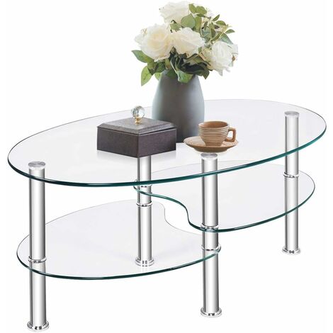 Costway – Table basse en verre trempé 90x50x45cm – 3 étagères – Support en métal – Conception sécurisée avec bords arrondis