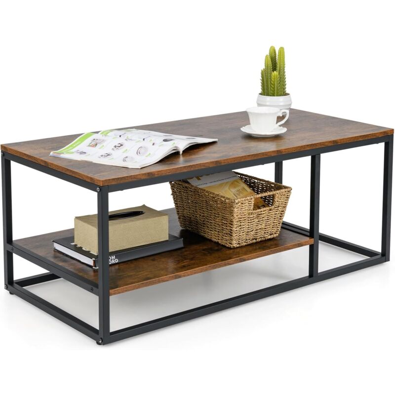 Costway - Table Basse Industriel avec Étagère, Table Basse Rectangulaire, Grand Compartiment, Cadre en Métal, 105 x 50 x 42,5 cm, Table de Salon,