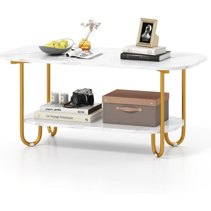 Table Basse Marbre, Table de Salon 2 Niveaux, Cadre Métallique Robuste, Table Basse Design, Blanc+Doré, 100 x 50 x 45 cm - Costway