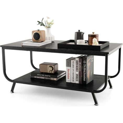 Costway – Table basse rectangulaire double plateau effet marbre – Cadre métal noir – Dimensions 105 x 55 x 46,5 cm – Rangement facile sous le plateau