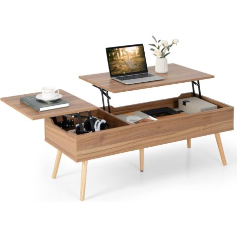 Costway – Table basse relevable 120 x 49 x 42 cm – 2 plateaux relevables – 2 compartiments cachés – 5 pieds en bois massif – Marron