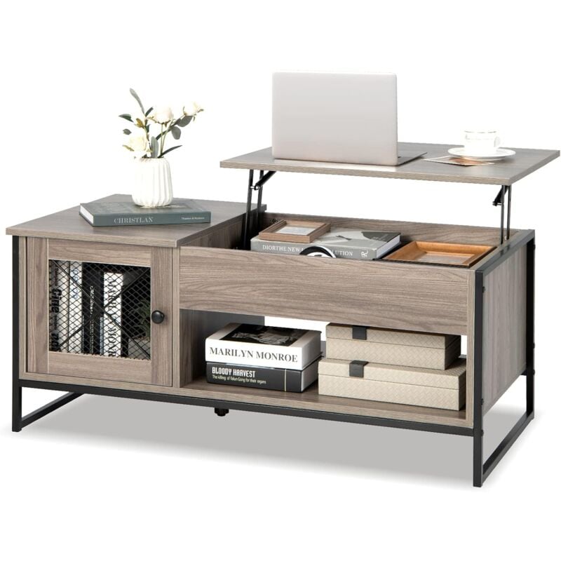 Costway - Table Basse Relevable avec 1 Compartiment Ouvert et Placard à 2 Portes, Table Basse Transformable avec Cadre en Métal pour Salon Bureau