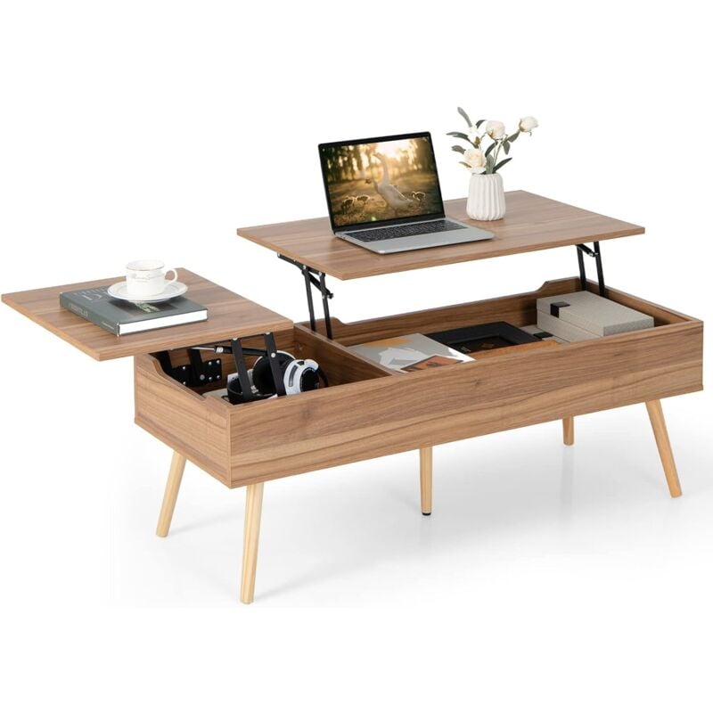 Costway - Table Basse Relevable avec 2 Plateau Relevables et 2 Compartiments Cachés, 120 x 49 x 42 cm,Table Basse Transformable 5 Pieds en Bois