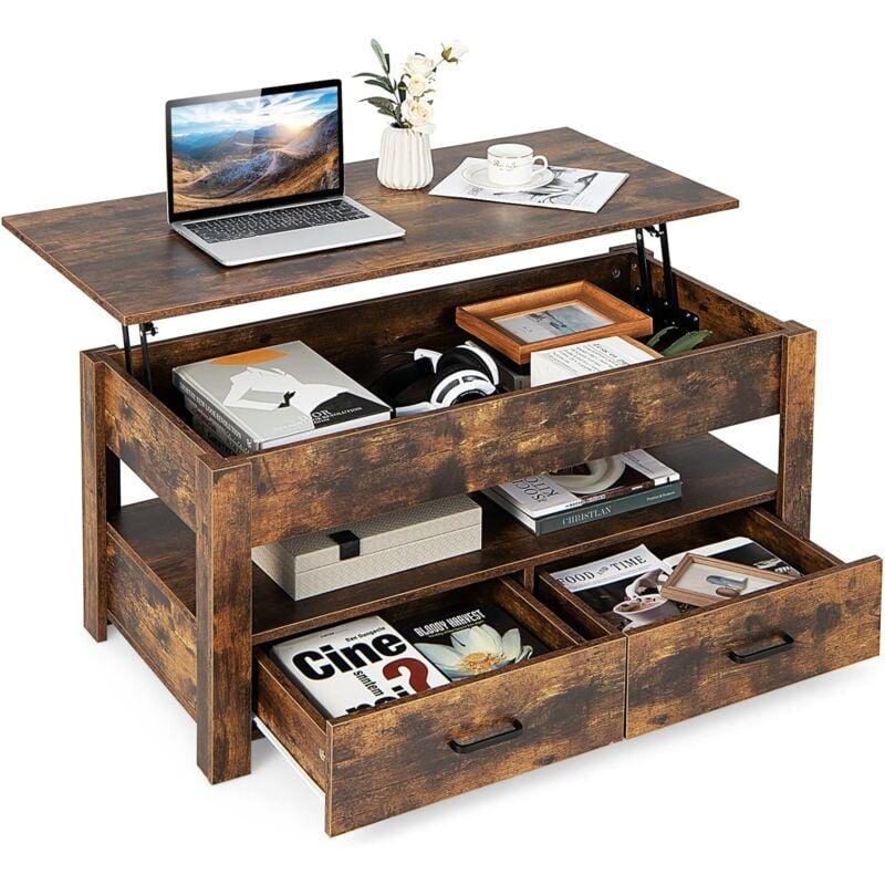 Table Basse Relevable avec 2 Tiroirs, Table Basse Salon Industrielle avec Compatiments, Levage Pneumatique, Marron Rustique, 106 x 50 x 48 cm