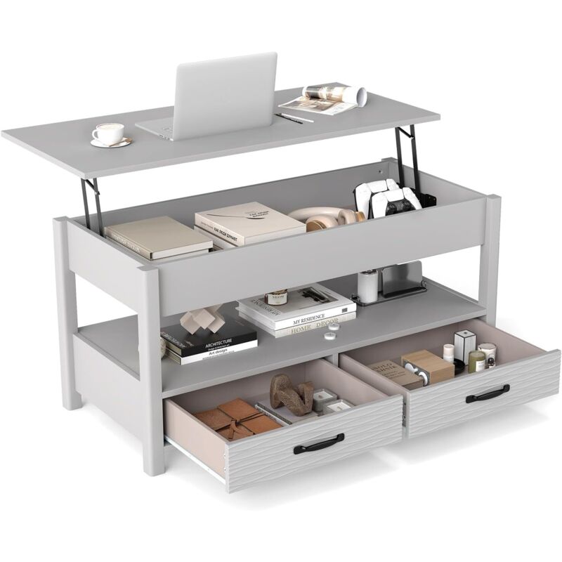 COSTWAY Table Basse Relevable, Table de Salon avec Rangement, 2 Tiroirs, Rangement Caché, Étagère Ouverte, Table Rectangulaire pour Salon, Blanc