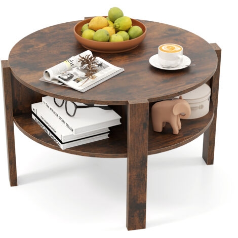 Costway – Table basse ronde 2 niveaux avec rangement – 74,5 x 74,5 x 45,5 cm – 4 étagères en bois d'ingénierie marron – Design élégant pour salon