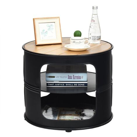 Costway – Table basse ronde en métal et bois de sapin – 3 étagères de rangement – Dimensions 50x50x41,5 cm – Style industriel pour salon et balcon