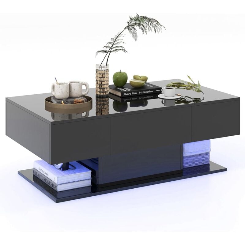 Costway - Table Basse Salon 2 Tiroirs, Table de Salon avec 20 Lumières led, 22 Modes Dynamiques, Télécommande, Compartiment sous Table, Base