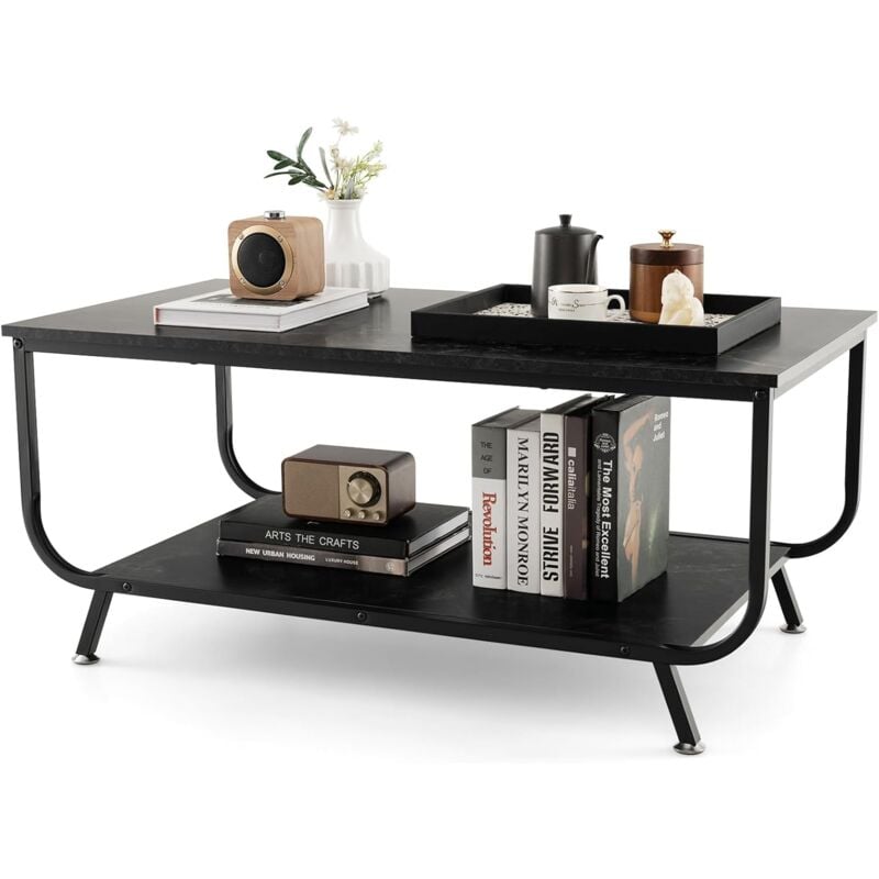 Costway - Table Basse Salon Double Plateau Effet Marbre, Table Salon Rectangulaire Moderne, Cadre en Métal, 105 x 55 x 46,5 cm (Noir)