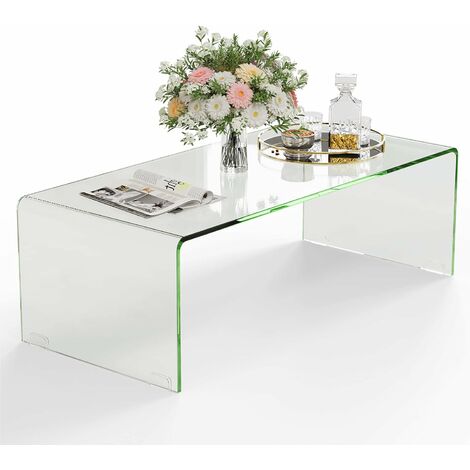 COSTWAY Table Basse Salon en Verre/Table d’Appoint Rectangulaire Forme de U avec Bords Arrondis Lisses, Table Basse Transparente Simple & Moderne