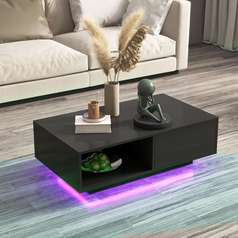 Costway - Table Basse Salon led 20 Couleurs, Table Basse Blanche avec Grand Tiroir et Compartiment, 5 Lumiosités Télécommandées, Table Basse Moderne