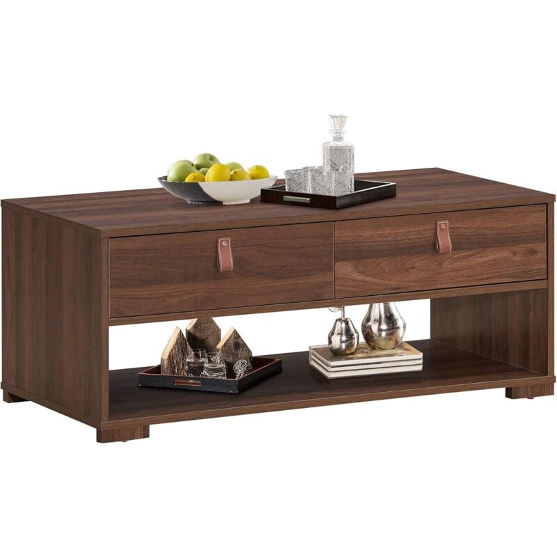 Table Basse Vintage avec 2 Tiroirs et Étagère de Rangement Ouverte, 100 x 44 x 41 cm, pour Salon, Bureau et Chambre, Marron - Costway