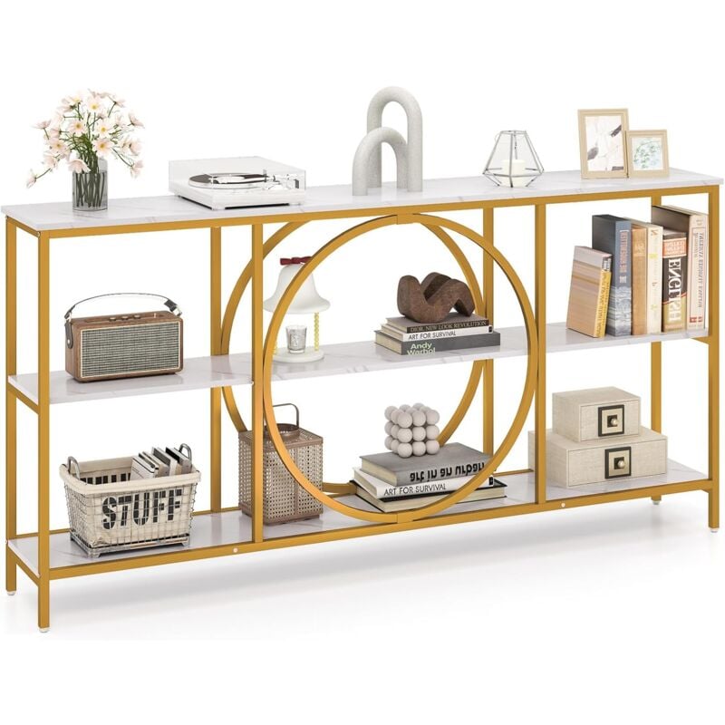 Table Console 180 cm, Grand Console Entree, 3 Étagères, Cadre Métallique Robuste, Plateau Épaissi, Motif Géométrique, 180 x 30 x 90 cm (Blanc)