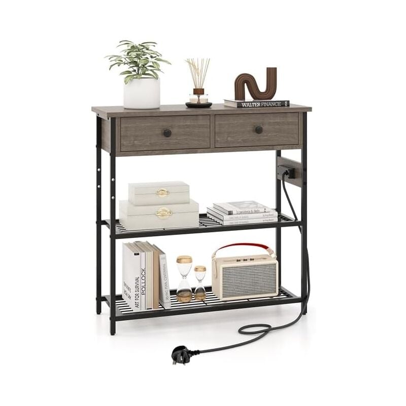 Costway - Table Console 2 Tiroir, Console Entrée 2 Prises, 1 usb, 1 Type-C, 3 Étagères en Treillis Métallique, Console Meuble Industrielle Métal pour