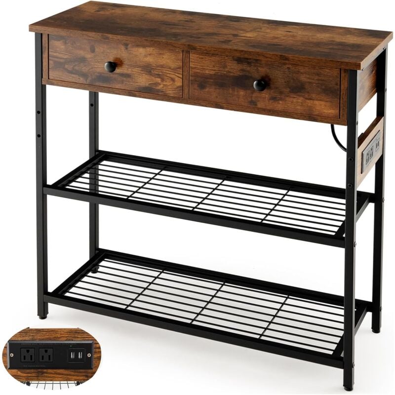 Costway - Table Console 2 Tiroir, Console Entrée 2 Prises & 2 usb, 3 Étagères en Treillis Métallique, Console Meuble Industrielle Métal pour Salon,