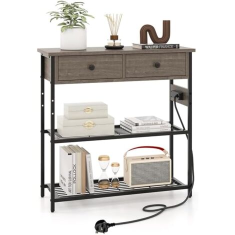 Costway – Table console 2 tiroirs avec 2 prises, 1 USB, 1 Type-C – 3 étagères en treillis métallique – Cadre métal robuste – Chêne gris