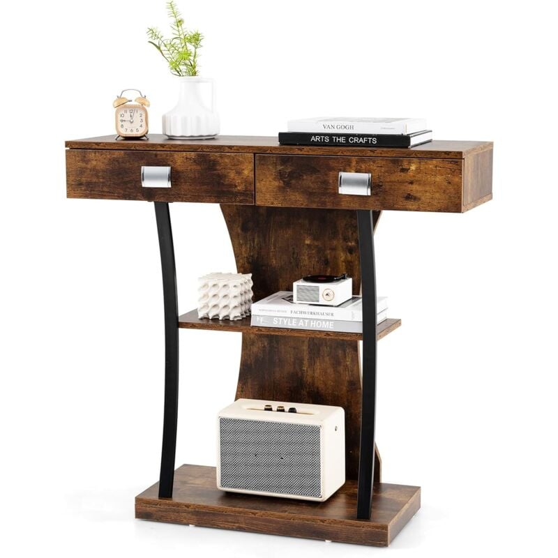 Costway - Table Console 2 Tiroirs, Console d'Entrée en Forme de t, Étagère à 2 Niveaux, 2 Kits Anti-Retournement, Table Console Entrée Industrielle