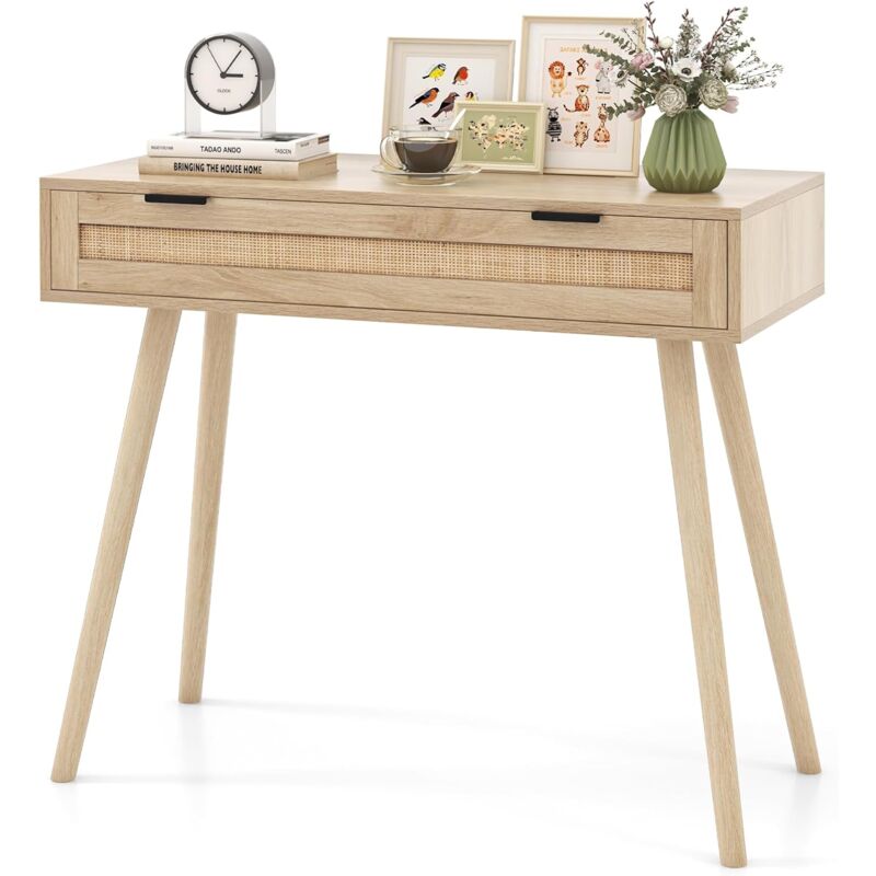 COSTWAY Table Console Bois, Table Console de Salon Rotin avec Tiroir, Style Bohème, Coiffeuse en Bois, pour Chambre, Couloir, Entrée, Salon, Naturel