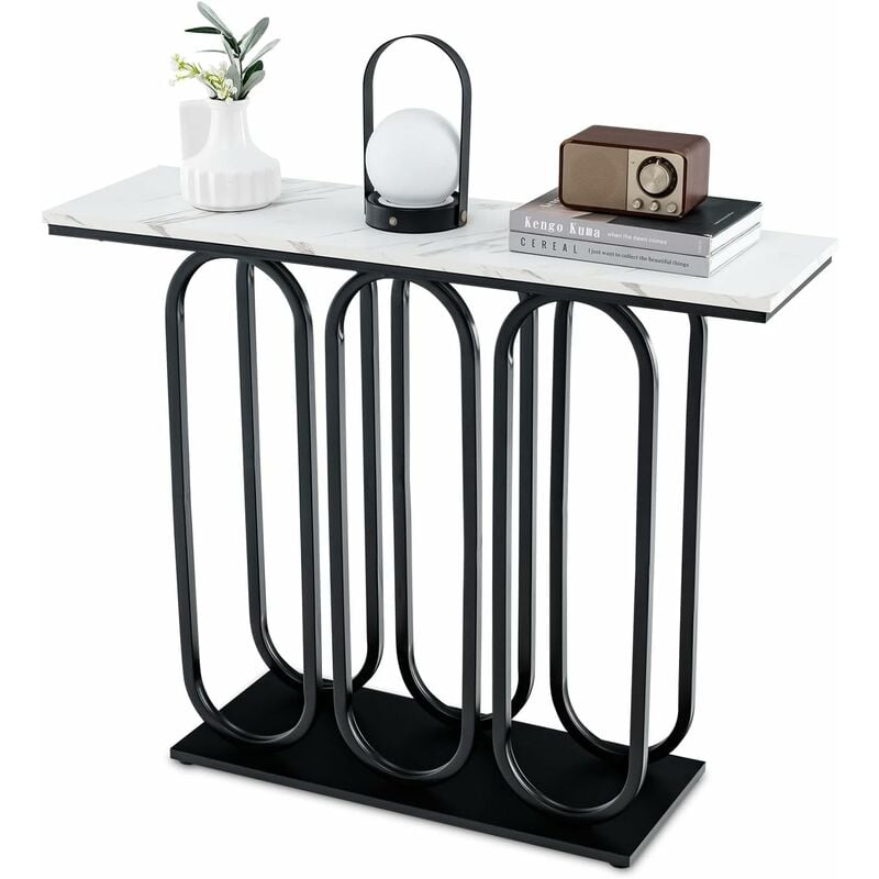 Costway - Table Console, Console Meuble Entrée en Faux Marbre, Design Ovale Moderne, Cadre en Métal Noir, Kit Anti-Basculement Inclus, pour Entrée,