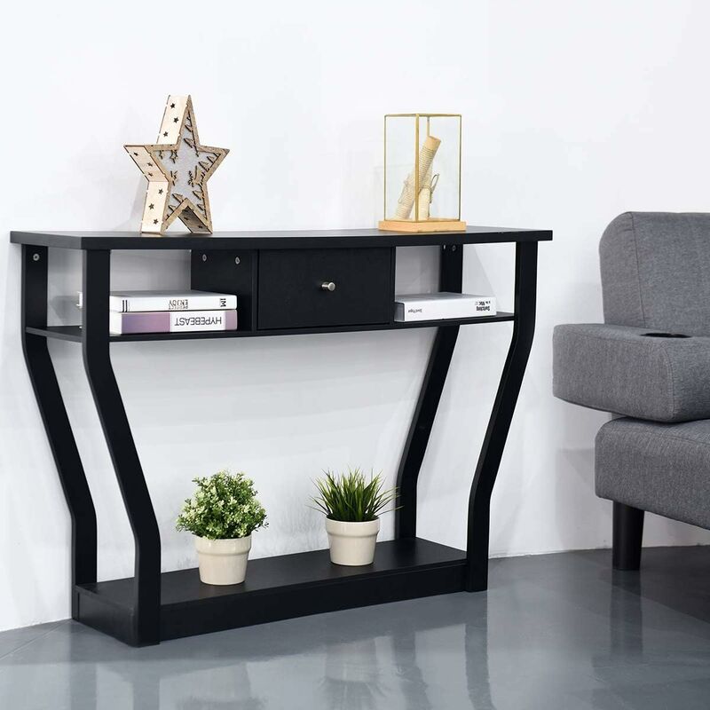 Table Console en mdf avec un Tiroir et 3 Compartiments pour Rangemen-Table d'Appoint pour Couloir,Salon,Entrée 120x30x81cm Noir - Costway