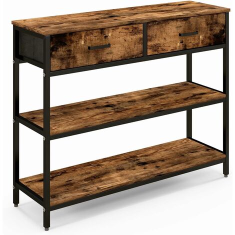 Costway – Table de console industrielle 3 niveaux – 2 tiroirs pliants en tissu – Cadre en métal – Dimensions 100 x 30 x 80 cm – Marron rustique