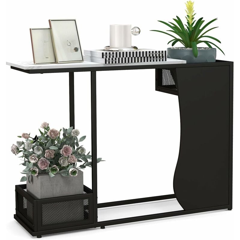 Costway - Table Console, Meuble d'Entrée en Faux Marbre avec 2 Casiers, Cadre en Métal Noir, Kit Anti-Basculement Inclus, pour Entrée, Couloir,