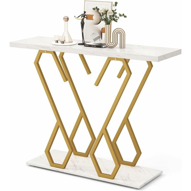 Costway - Table Console, Meuble d'Entrée en Faux Marbre avec Étagère, Design Géométrique Moderne, Cadre en Métal Doré, Kit Anti-Basculement Inclus,