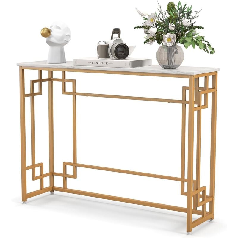Costway - Table Console, Meuble d'Entrée en Faux Marbre, Cadre en Métal Doré, Design Géométrique, Kit Anti-Basculement Inclus, pour Entrée, Couloir,