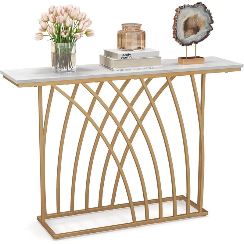 Table Console, Meuble d'Entrée en Faux Marbre, Design Géométrique Moderne, Cadre en Métal Doré, Kit Anti-Basculement Inclus, pour Entrée, Couloir,