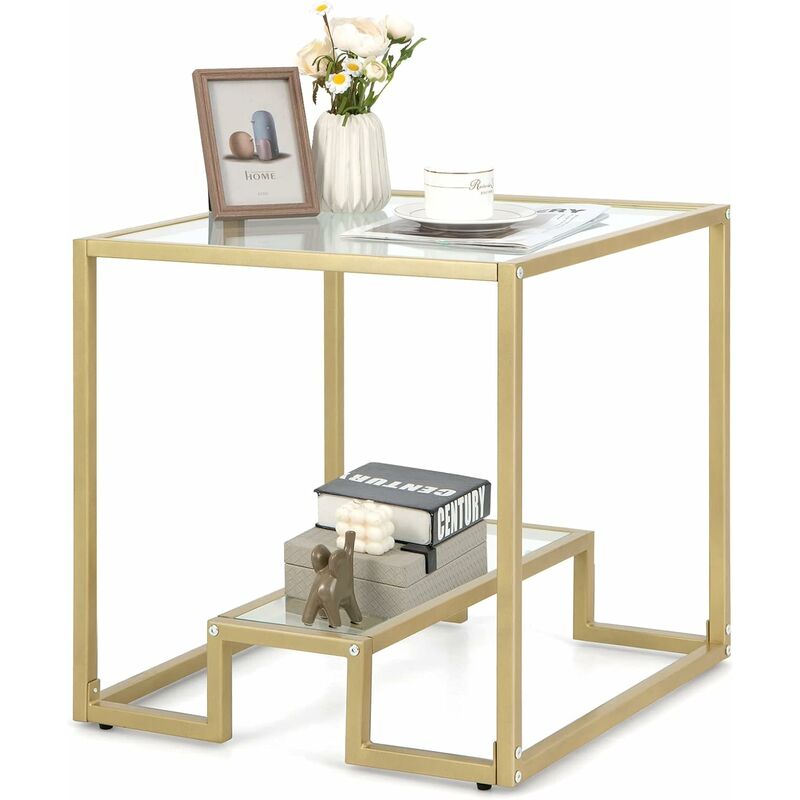 costway - table d'appoint à 2 étagères en verre, bout de canapé doré 56x56cm avec repose-pieds réglables, style moderne, petite table basse pour