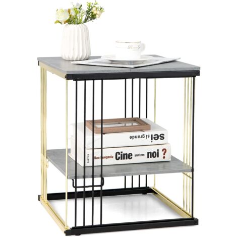 COSTWAY Table d’Appoint à 2 Niveaux, Bout de Canapé Carré avec Cadre Métallique Doré, Plateau Amovible, Table de Chevet Moderne Idéal pour Salon, Chambre, Bureau, 39 x 39 x 45 cm (Gris doré)